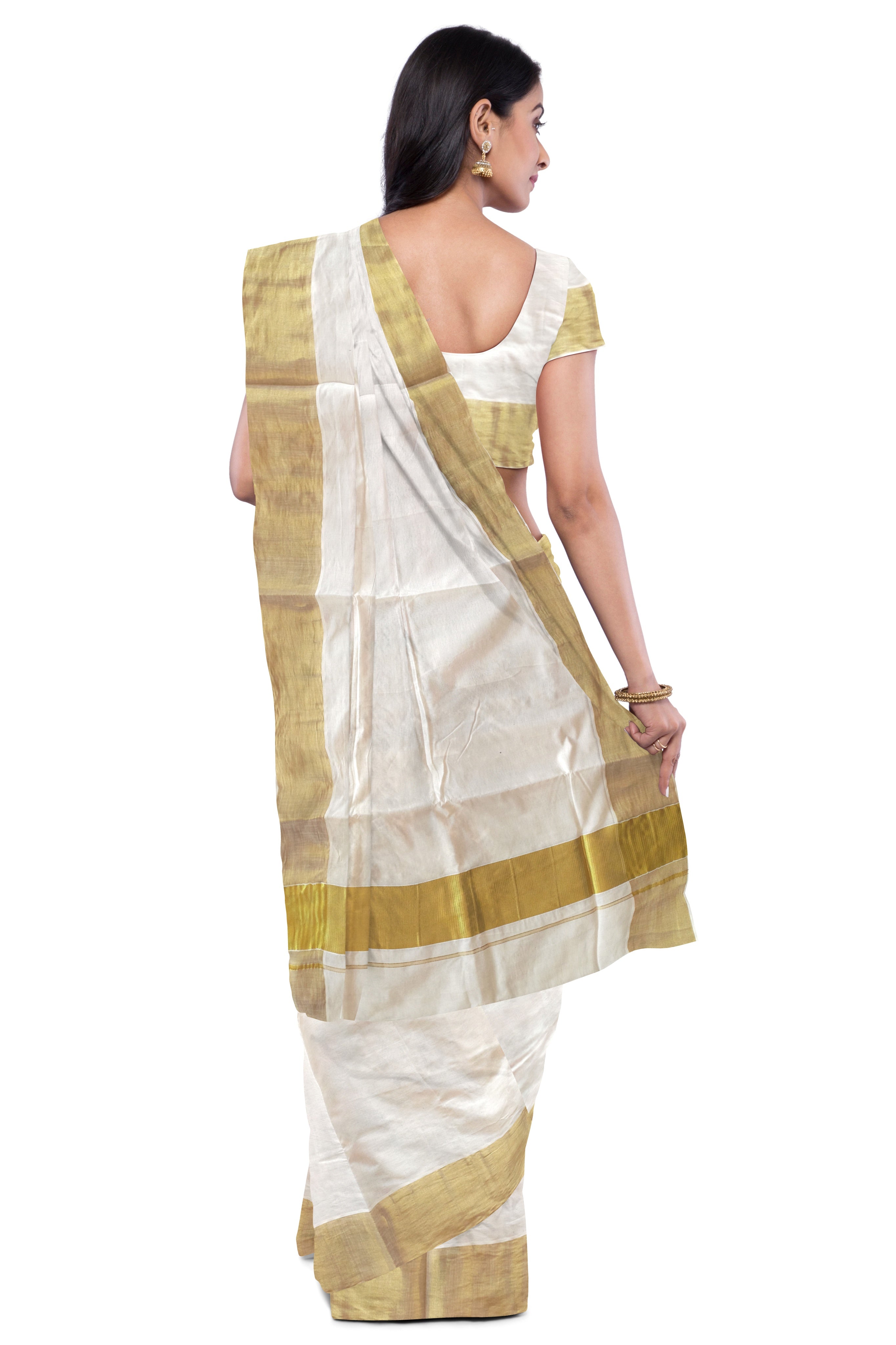 Cream plain design kerala saree, contrast green border