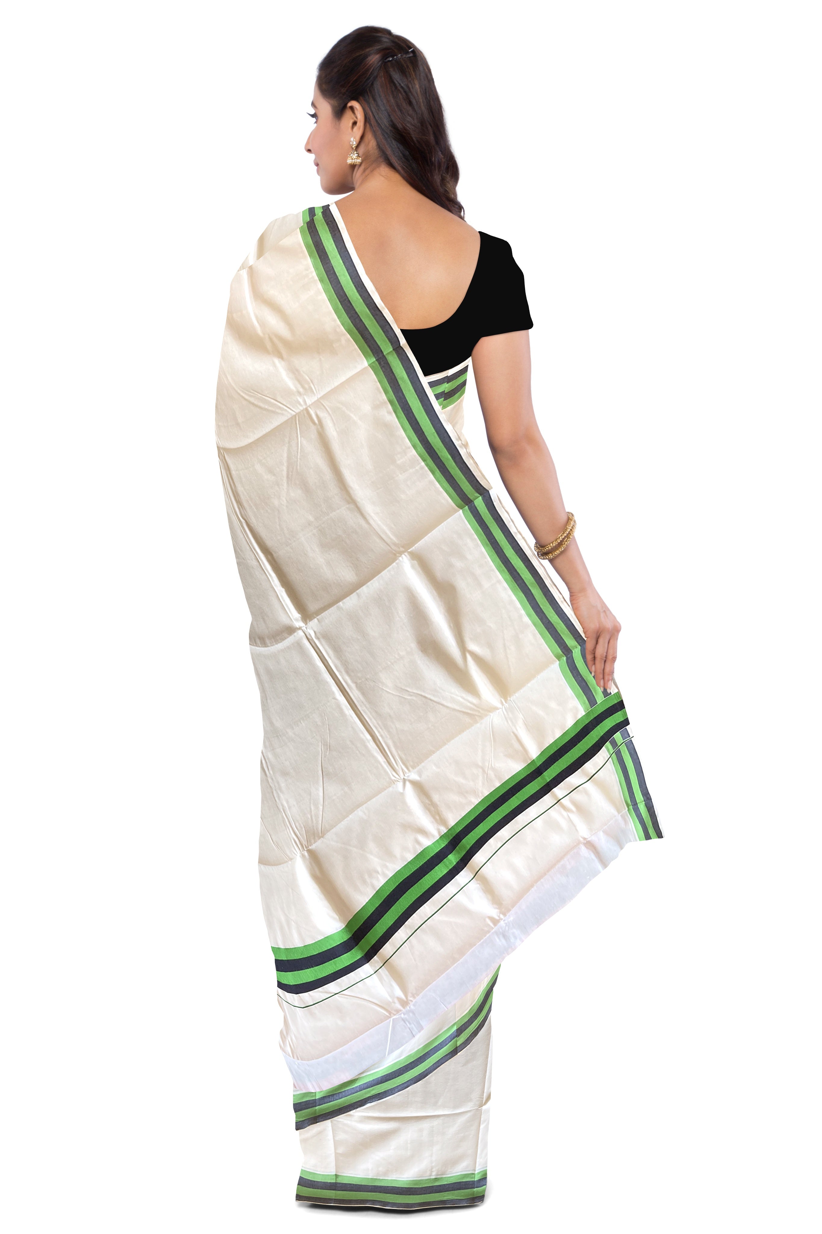 Pure Cotton Set Saree with Traditional Silver and Coffee Brown lines border