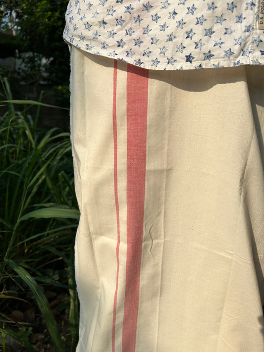 25% Discount!! KaithariKada 100% Cotton Balaramapuram HANDLOOM off white (Unbleached) Single Mundu/Dhoti - 2 inch Red Border (2 meter / 4 muzham) - KK2DOT550
