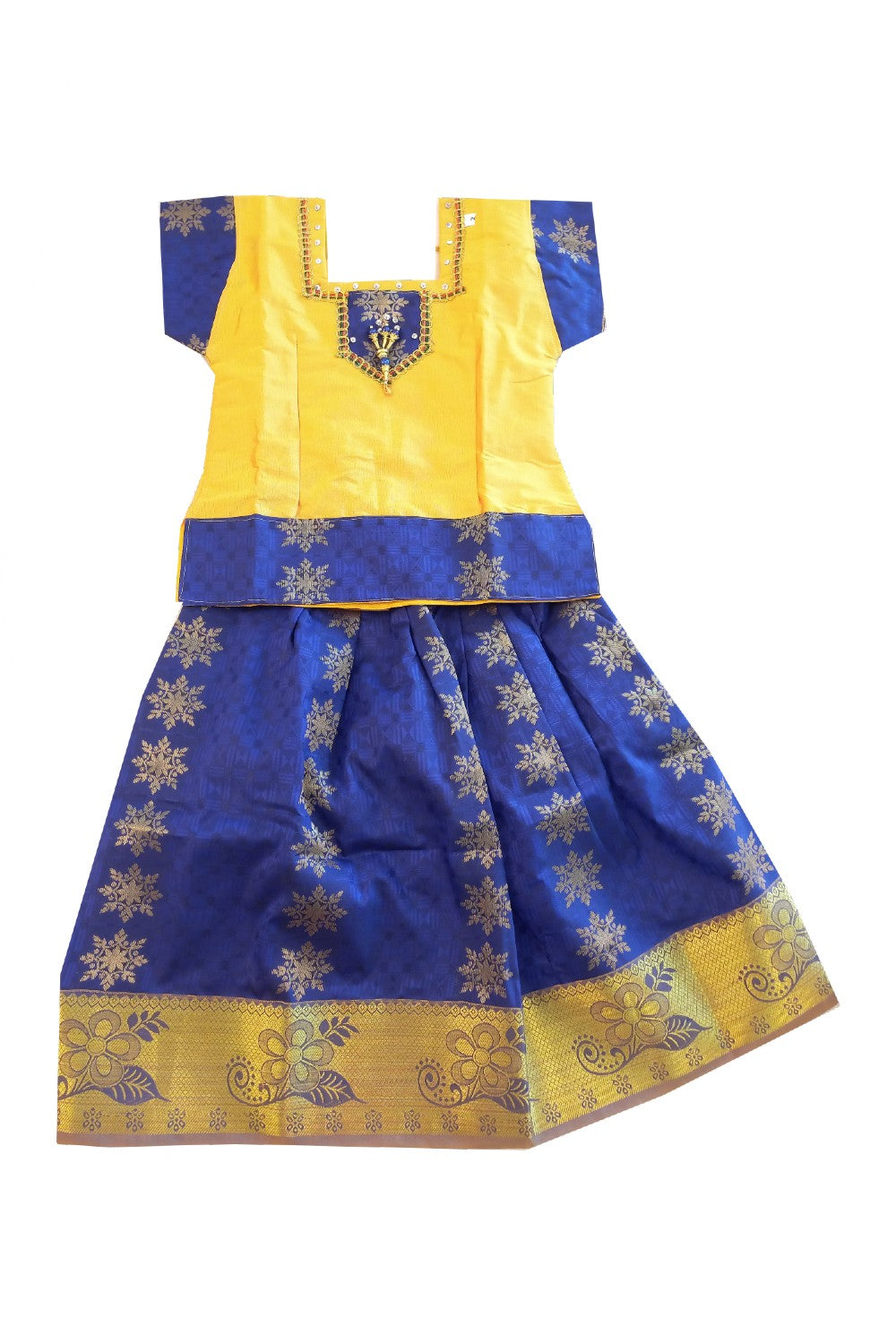 Kaitharikada - Traditional South Indian Girls Pattu Pavadai Yellow & Blue Self Colour Design - Age 2.