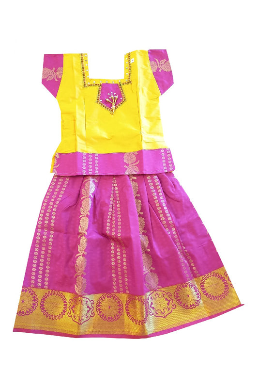 Kaitharikada - Traditional South Indian Girls Pattu Pavadai Yellow & Rose Self Colour Design - Age 2.