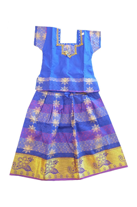 Kaitharikada - Traditional South Indian Girls Pattu Pavadai Blue Colour Self Design - Age 2.