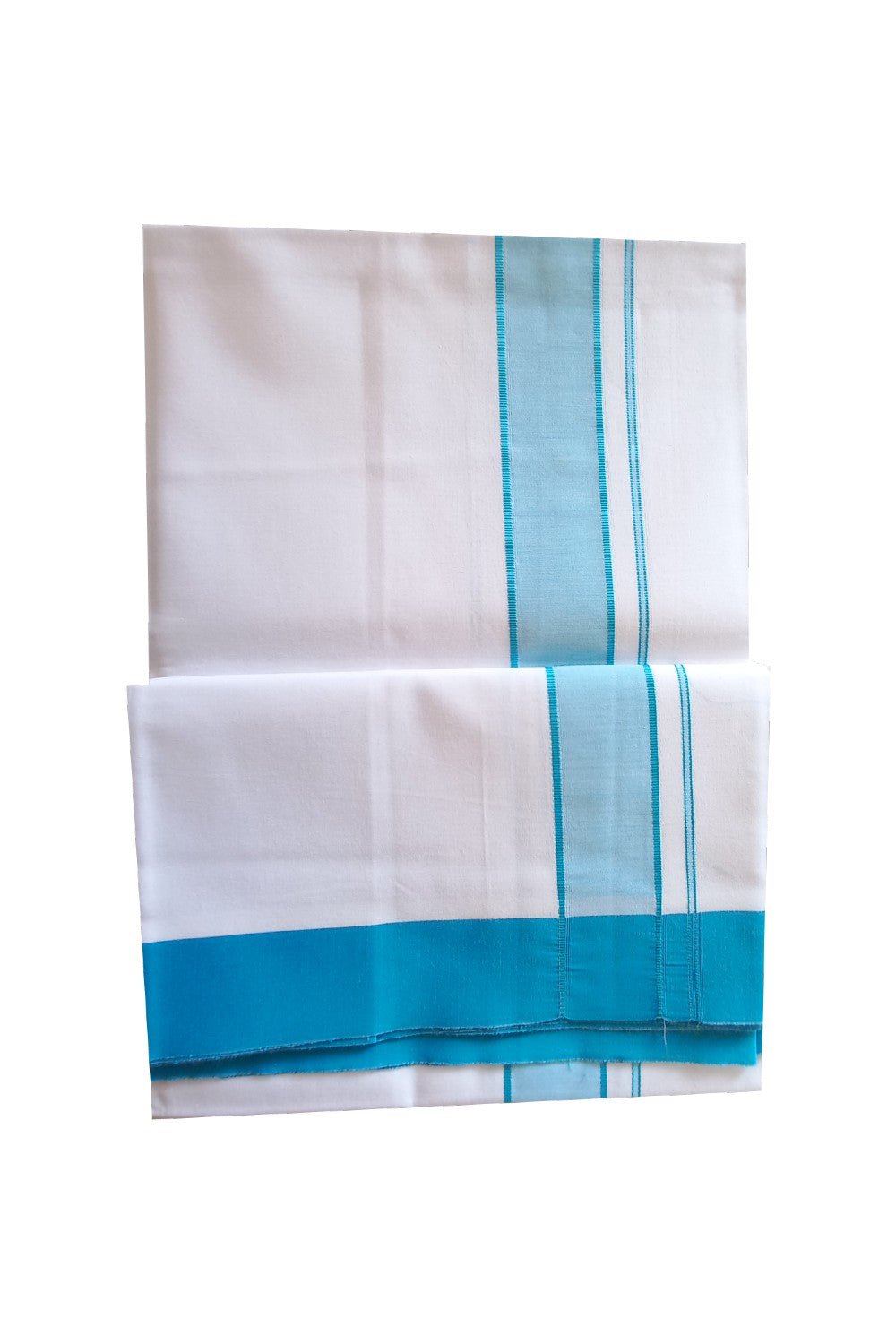 KaithariKada 100 Cotton PURE White Single Dhoti/Mundu Sky Blue 1.75i
