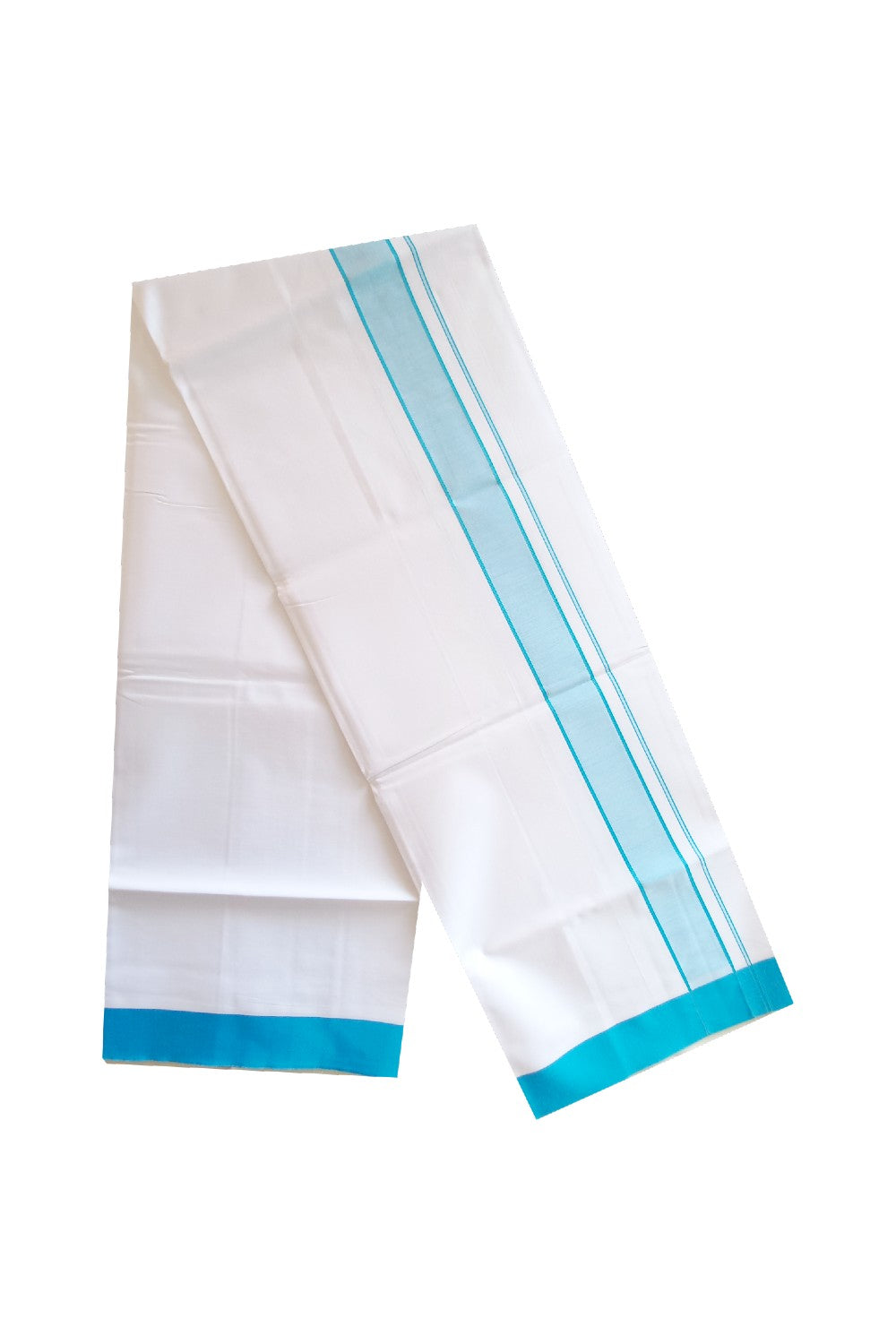 KaithariKada 100 Cotton PURE White Single Dhoti/Mundu Sky Blue 1.75i