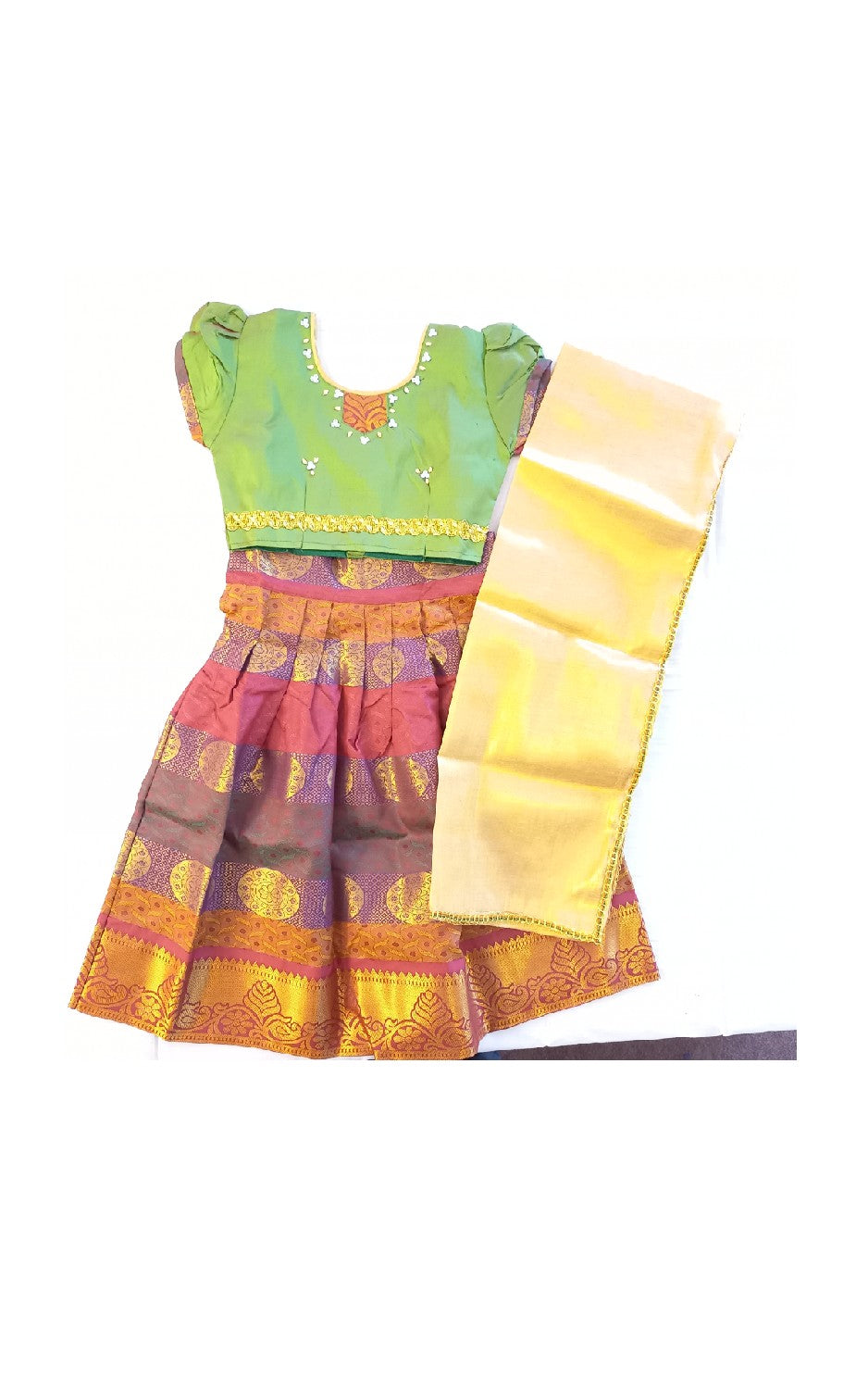 15% Discount Kaitharikada - Traditional South Indian Kids Saree- Gold & Brown, Green colour saree - Size (24).