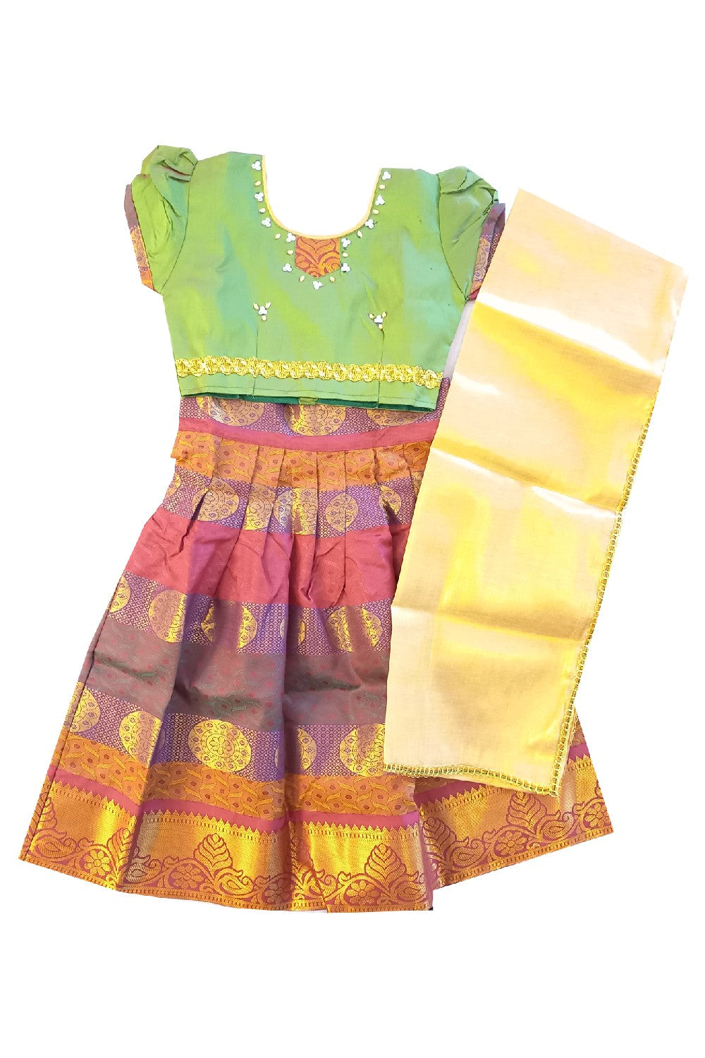 15% Discount Kaitharikada - Traditional South Indian Kids Saree- Gold & Brown, Green colour saree - Size (24).