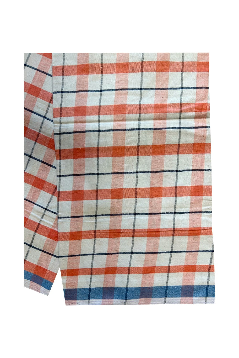 19% Discount!! KaithariKada Kalamachal 100% Cotton Lungi/Kaily-  1.2inch Orange White Blue Check Border -33