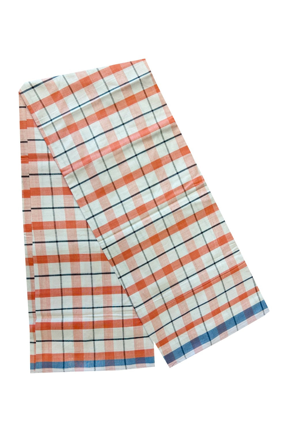 19% Discount!! KaithariKada Kalamachal 100% Cotton Lungi/Kaily-  1.2inch Orange White Blue Check Border -33